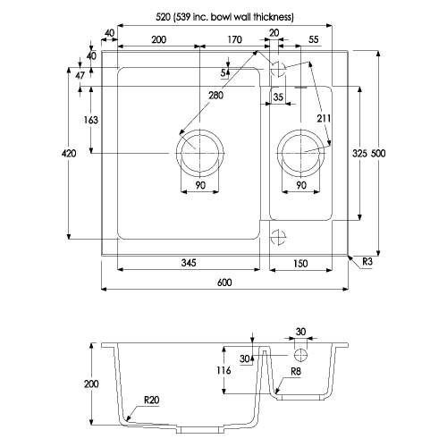 Zero 1.5 Bowl Granite Kitchen Sink Without Drainer