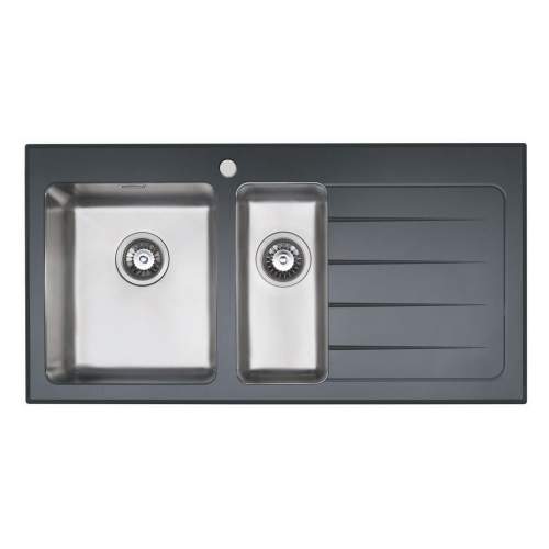 KubeVetro Black Glass 1.5 Bowl Kitchen Sink