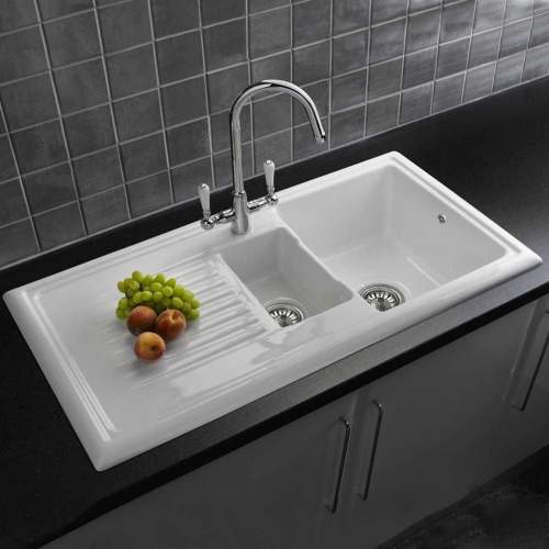 LUX RL301CW Ceramic 1.5 Bowl Kitchen Sink with FREE Reginox Tap