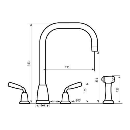 Perrin and Rowe 4878 Titan Four Hole Kitchen Tap with Rinse Technical Image