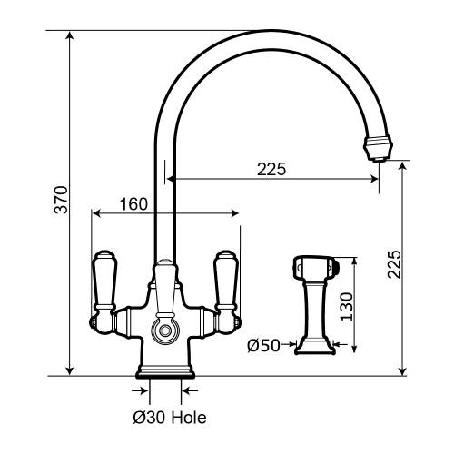 1560 PHOENICIAN Filtration Mixer Tap with Lever Handles and Rinse Technical Dimensions