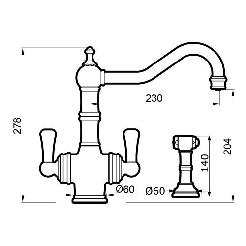 1570 AQUITAINE Dual Lever Filtration Mixer Tap with Rinse Technical Image