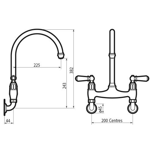 Perrin and Rowe Ionian 4183 Wall Mounted Kitchen Tap Technical Image