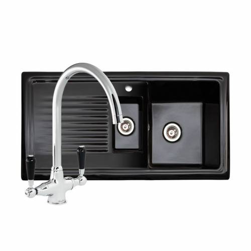 Reginox RL401CB Black Ceramic 1.5 Bowl Sink With FREE Reginox BROOKLYN Tap left hand drainer.