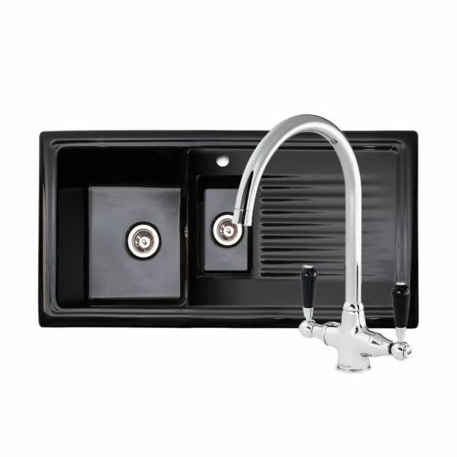 Reginox RL401CB Black Ceramic 1.5 Bowl Sink With FREE Reginox BROOKLYN Tap Right Hand Drainer.