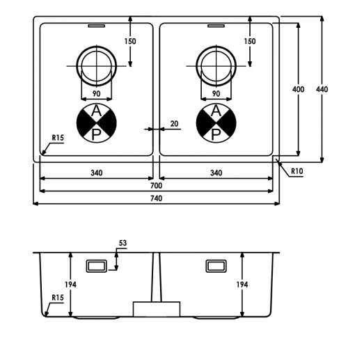 Abode Matrix R15 Double Bowl Kitchen Sink - AW5123