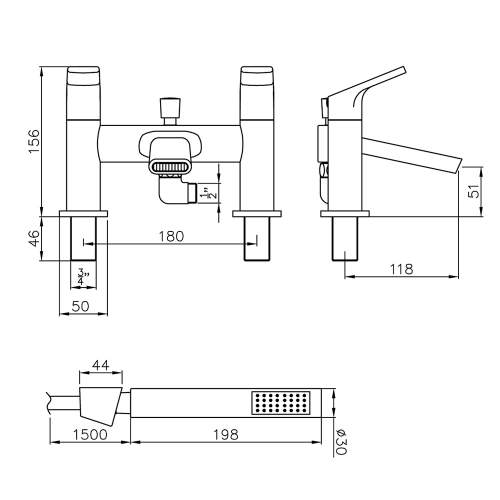 Abode SQUIRE AB2652 Deck Mounted Shower Mixer Tap Dimensions