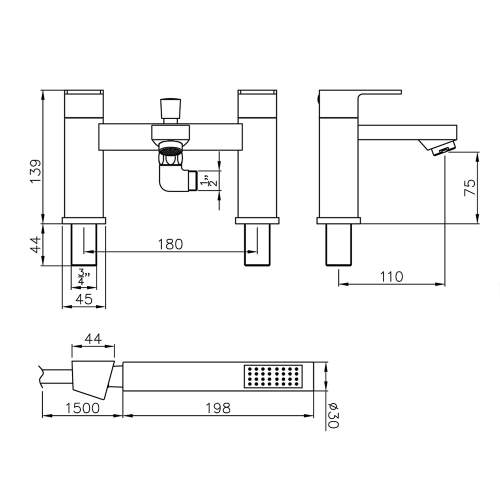 Abode FLUX AB2673 Deck Mounted Shower Mixer Tap Dimensions