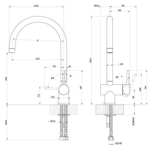 Gessi OXYGEN 50307 Monobloc Kitchen Tap with Swan Neck Spout