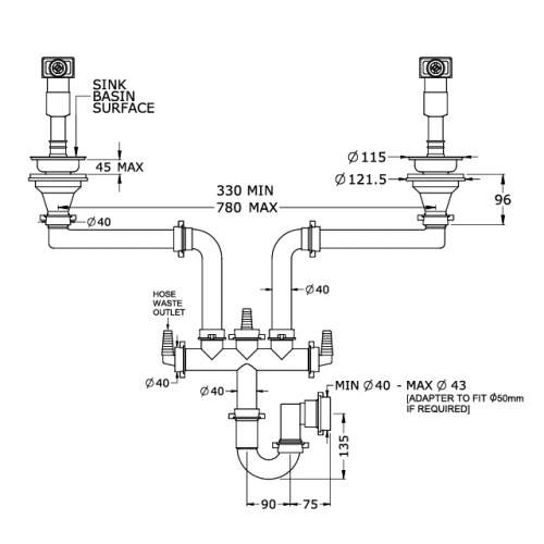 Perrin & Rowe 6475 Waste & Overflow Kit for Double Bowl Sinks