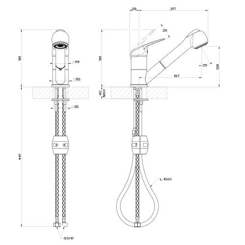 Gessi Cary 18971 Single Top Lever Pull Out Tap with Twin Jet Handspray