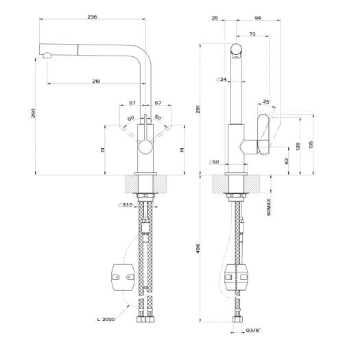 Gessi Helium Side Lever L-Spout Mixer Tap with Pull-Out Spray