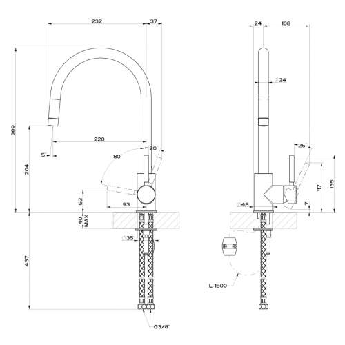 Gessi Neutron Single Side Lever Mixer Tap with C-Spout and Pull Out Spray