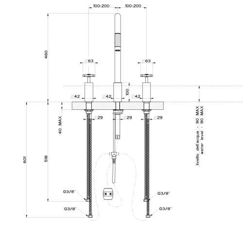 Gessi Marine 3 Hole Mixer with Red Feature Handles and Pull-Out Spray