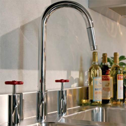 Gessi Marine 3 Hole Mixer with Red Feature Handles and Pull-Out Spray