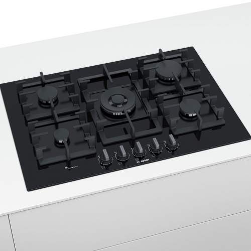 Bosch Serie 6 PPQ7A6B90 75 cm Tempered Black Glass Gas Hob