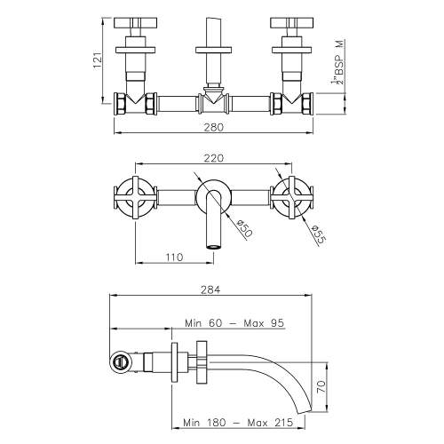 Abode Serenitie Wall Mounted 3 Hole Basin and Bath Mixer in Chrome