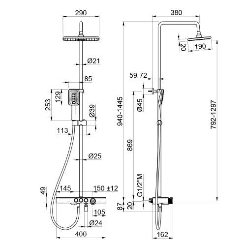 Bluci Black Thermostatic Mixer Shower Column with Fixed Head, Riser and Foot Wash
