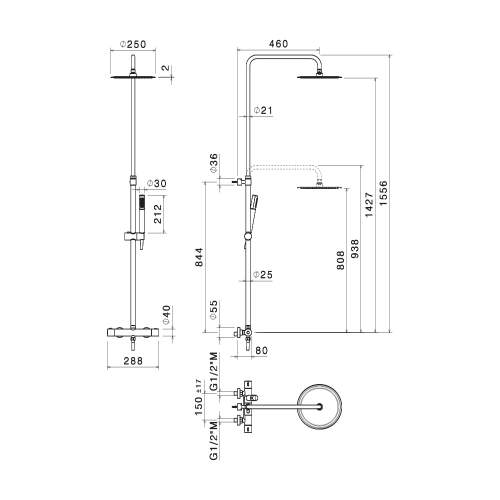 Bluci Chrome Round Bar Thermostatic Shower Valve with Fixed Head and Riser