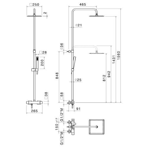 Bluci Chrome Square Bar Thermostatic Shower Valve with Fixed Head and Riser