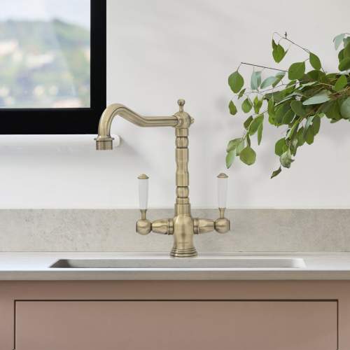 Caple Hadley Antique Brass Twin Lever Traditional Kitchen Tap