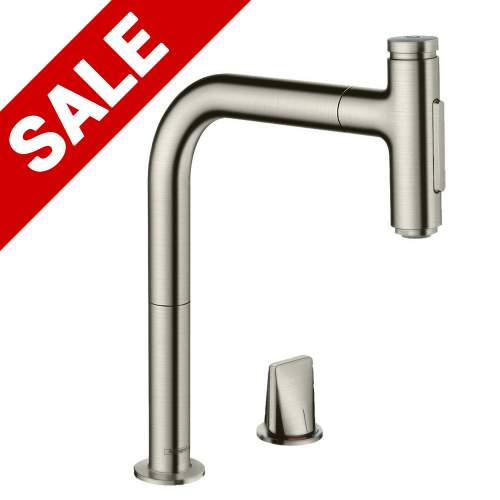 Hansgrohe Metris Select M71 2 hole single lever kitchen mixer 200 with pull out spray and sBox with 2 spray modes