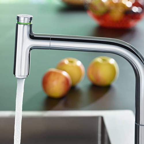 Hansgrohe Metris Select M71 2 hole single lever kitchen mixer 200 with pull out spout and sBox with single spray mode