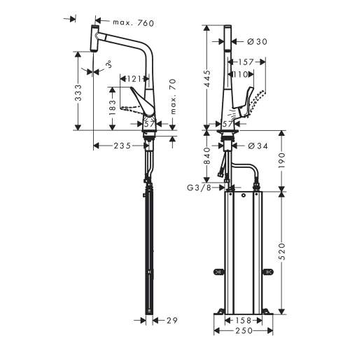 Hansgrohe Metris Select M71 Single lever kitchen mixer 320 with pull out spout and sBox with single spray mode