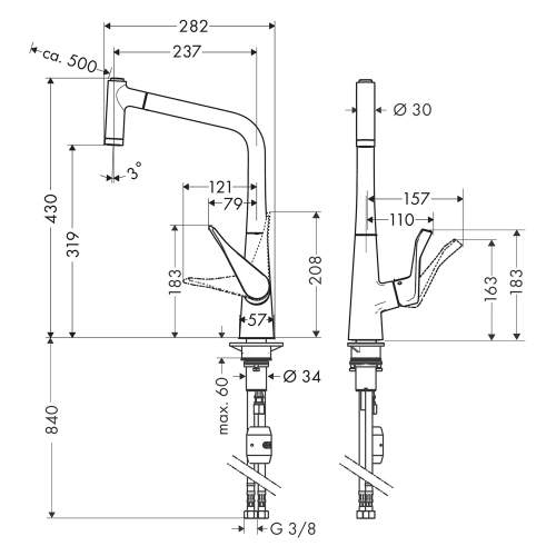 Hansgrohe Metris M71 Single lever kitchen mixer 320 with pull out spray and 2 spray modes