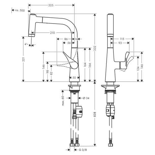 Hansgrohe Metris M71 Single lever kitchen mixer 220 with pull out spray with 2 spray modes