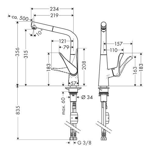 Hansgrohe Metris M71 Single lever kitchen mixer 320 with pull out spout and single spray mode