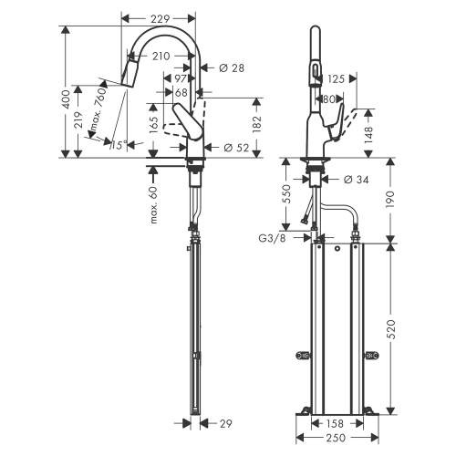 Hansgrohe Focus M42 Single lever kitchen mixer 220 with pull out spray and sBox with 2 spray modes