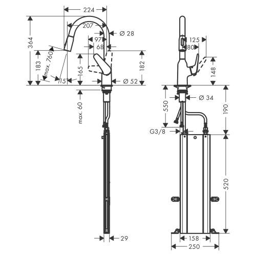 Hansgrohe Focus M42 Single lever kitchen mixer 180 with pull out spray and sBox with 2 spray modes