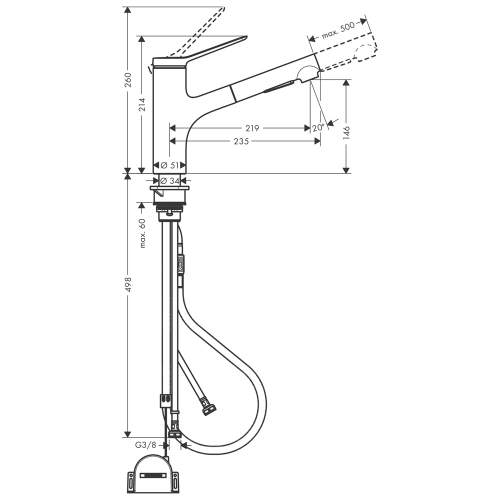 Hansgrohe Zesis M33 Single lever kitchen mixer 150 pull-out spray with 2 spray modes and sBox lite