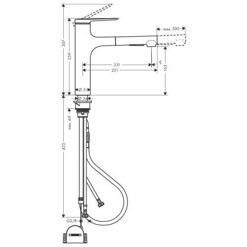 Hangrohe Zesis M33 Single lever kitchen mixer 160 pull-out spray with 2 spray modes and sBox lite