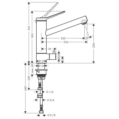 Hansgrohe Zesis M33 Single lever kitchen mixer 200 with shut-off valve and single spray mode