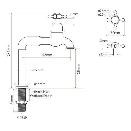 Bidbury & Co Amesbury Bibcock Taps with Crosshead Handles