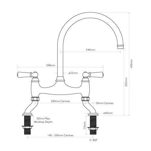 Bidbury and Co Moreton Twin Lever Bridge Tap with Porcelain Handles