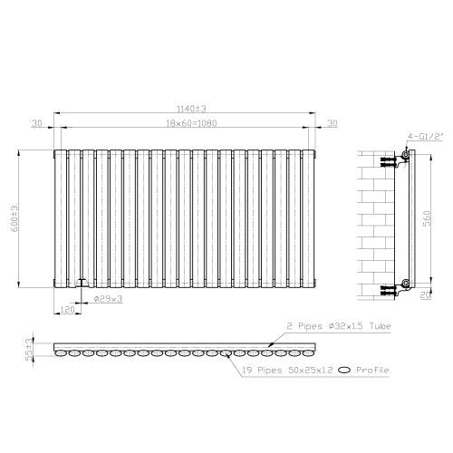 Kartell K-Rad Aspen Single White Horizontal Radiator 600mm x 1140mm