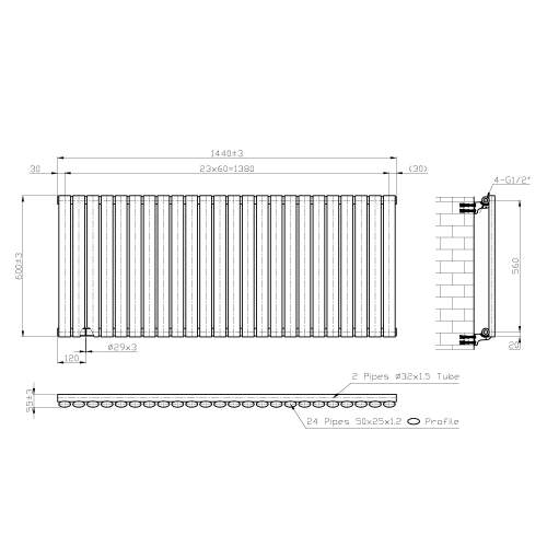 Kartell K-Rad Aspen Single White Horizontal Radiator 600mm x 1440mm