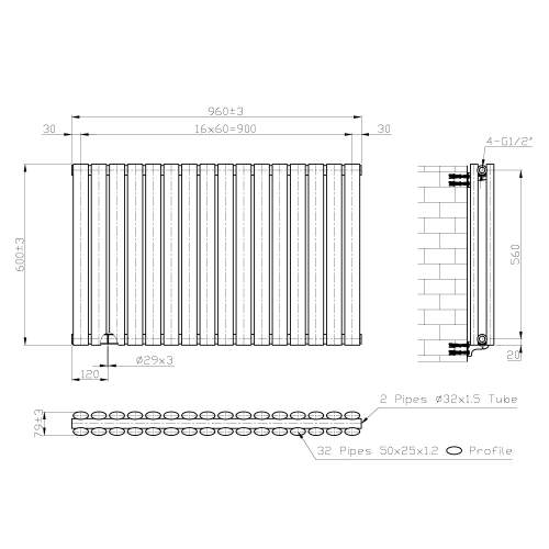 Kartell K-Rad Aspen Double White Horizontal Radiator 600mm x 960mm