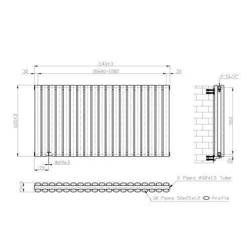 Kartell K-Rad Aspen Double White Horizontal Radiator 600mm x 1140mm