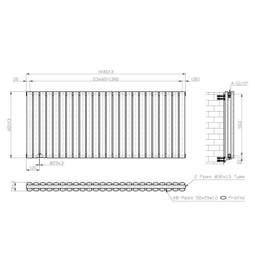 Kartell K-Rad Aspen Double White Horizontal Radiator 600mm x 1440mm