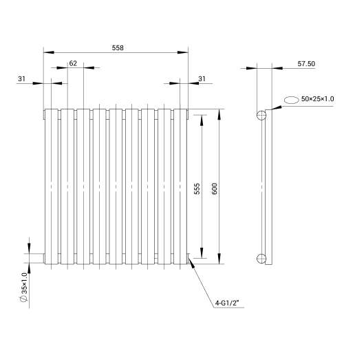 Kartell K-Rad Aspen Single Stainless Steel Horizontal Radiator 600mm x 570mm