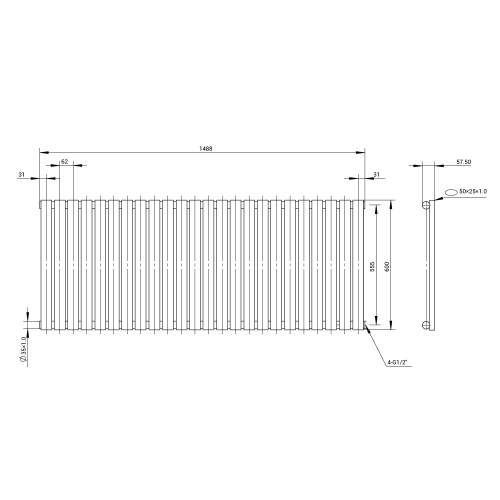 Kartell K-Rad Aspen Single Stainless Steel Horizontal Radiator 600mm x 1500mm