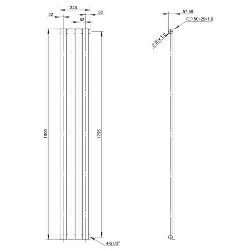 Kartell K-Rad Aspen Single Stainless Steel Vertical Radiator 1800mm x 250mm