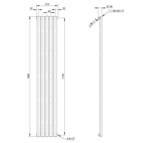 Kartell K-Rad Aspen Single Stainless Steel Vertical Radiator 1800mm x 310mm