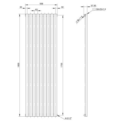 Kartell K-Rad Aspen Single Stainless Steel Vertical Radiator 1800mm x 560mm