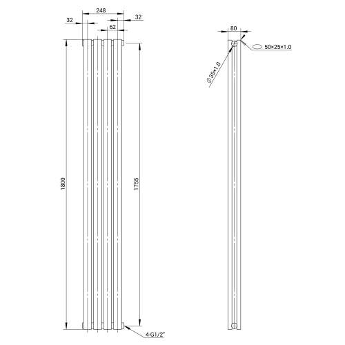 Kartell K-Rad Aspen Double Stainless Steel Vertical Radiator 1800mm x 250mm