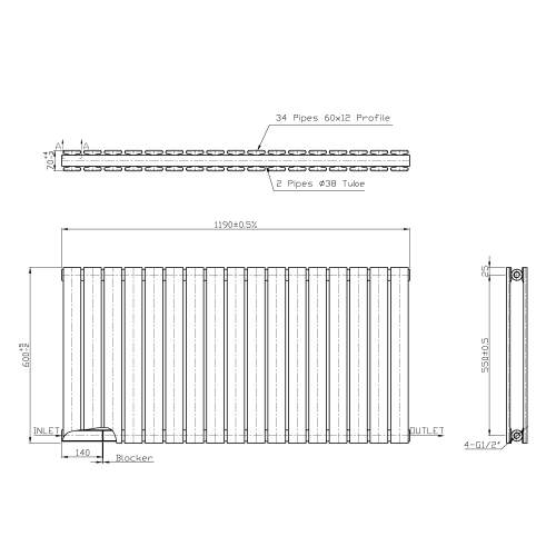 Kartell K-Rad Boston Double White Horizontal Radiator 600mm x 1190mm